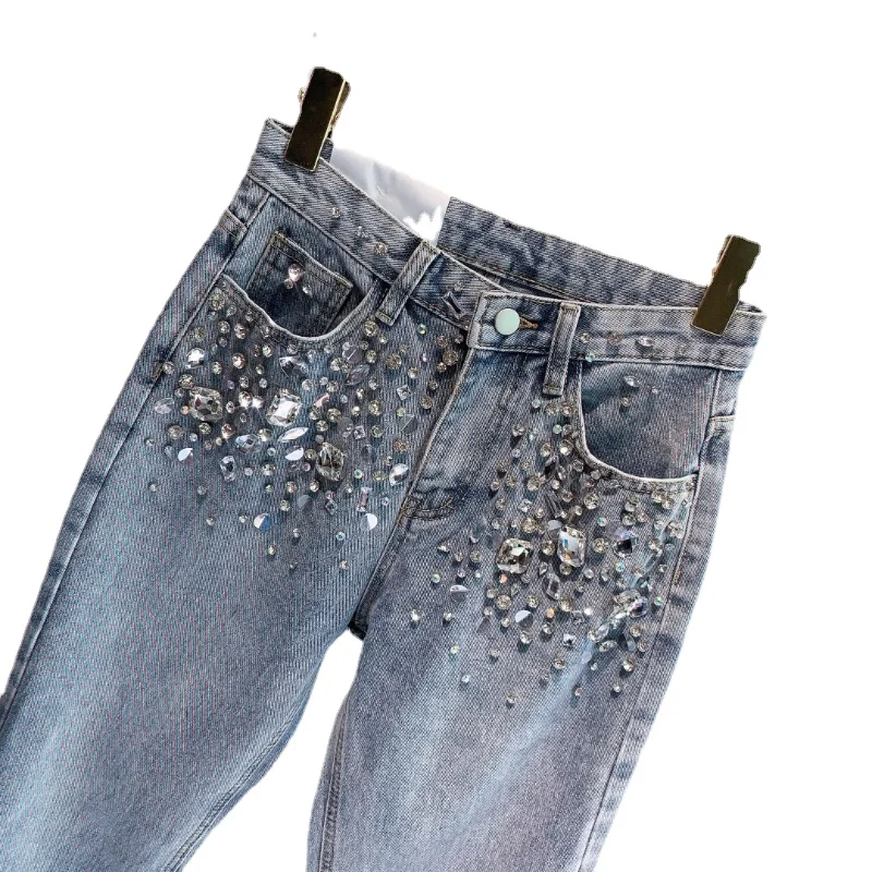 European Fashion New Heavy Industry Full Diamond Rhinestone Flash Denim Pants Women\'s Jeans Blue 2023 Spring Summer