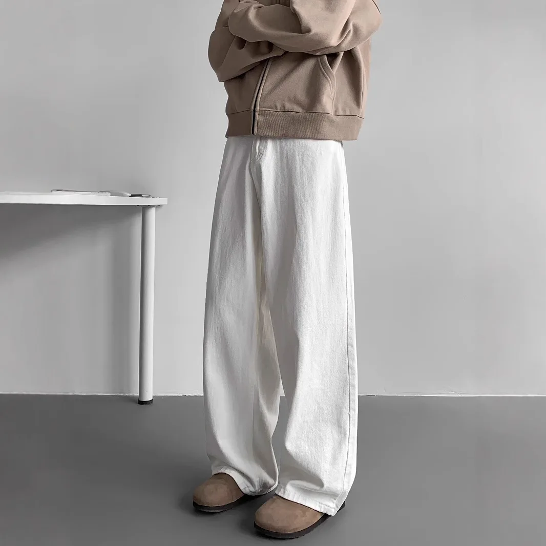 Jeans Lurus Putih Trendi Gaya Amerika Pria Celana Panjang Lantai Kaki Lebar Remaja Kasual Pakaian Jalanan