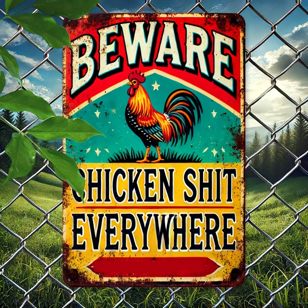 Whimsical 8x12 Inch Aluminum Beware of Chicken Poop Everywhere Sign Rustic Metal Plate Perfect for Outdoor Patio Backyard