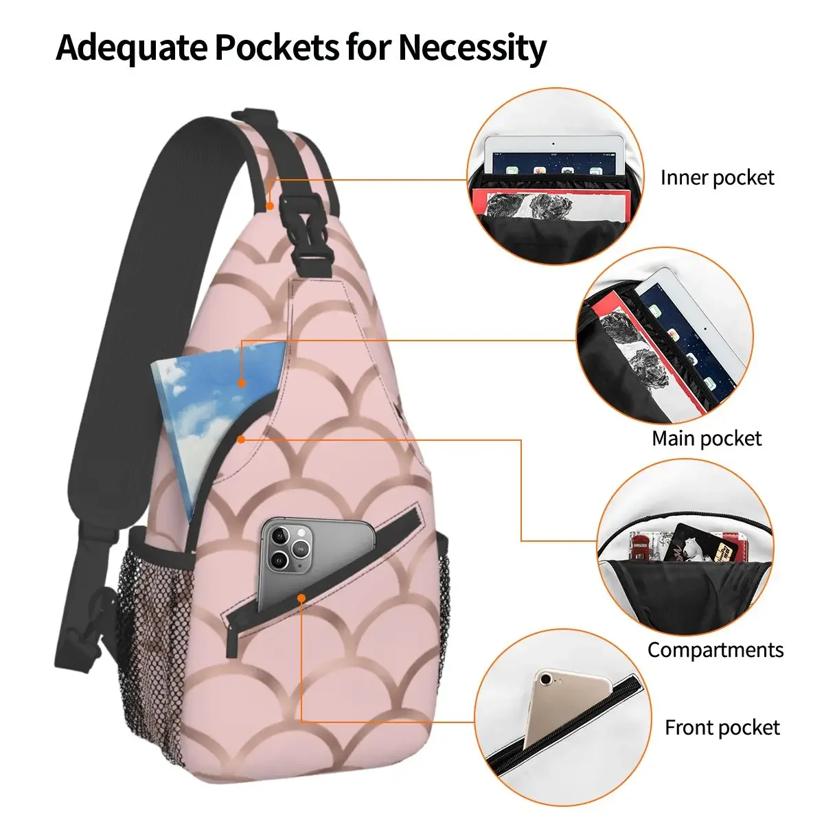 Rose Gold  Scales Sling Bags Chest Crossbody Shoulder Backpack Outdoor Hiking Daypacks Aesthetic Geometric Casual Satchel