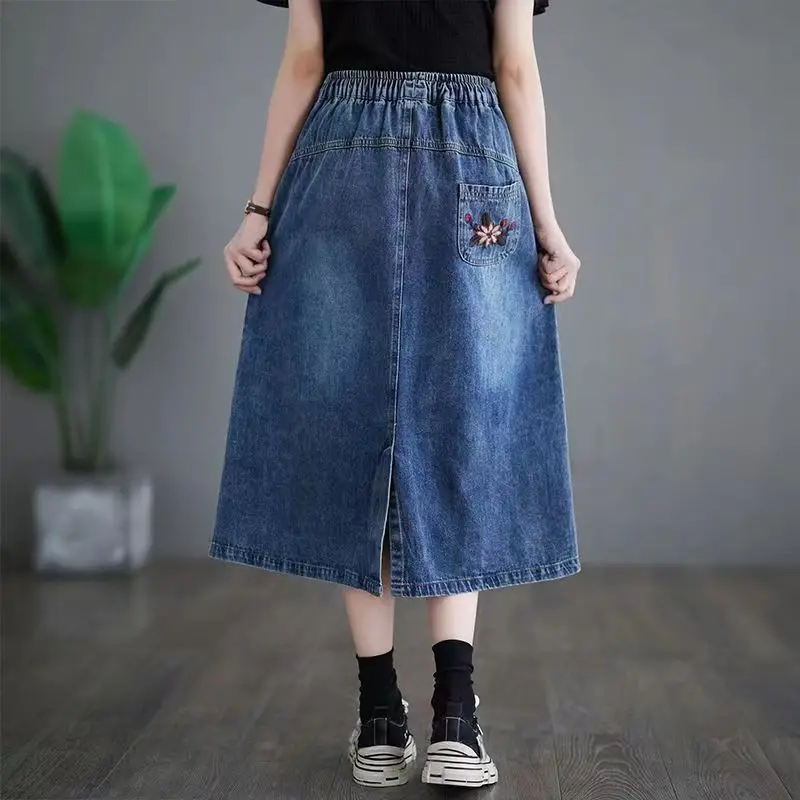 2025 Vintage Floral Embroidered Denim Skirts Women High Waist Casual Drawstring Pocket Cowboy Skirt Loose A-line Jean Skirt