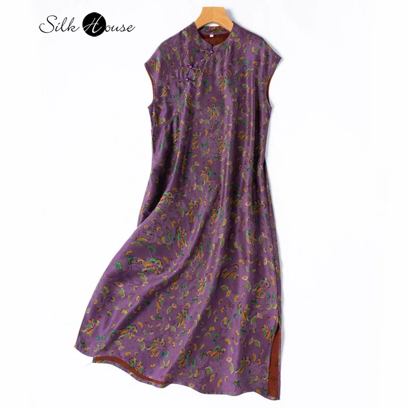 

Elegant 100% Natural Mulberry Silk Gambiered Guangdong Gauze Purple Stand Collar Buckle Short Sleeved Women's Fashionable Dress
