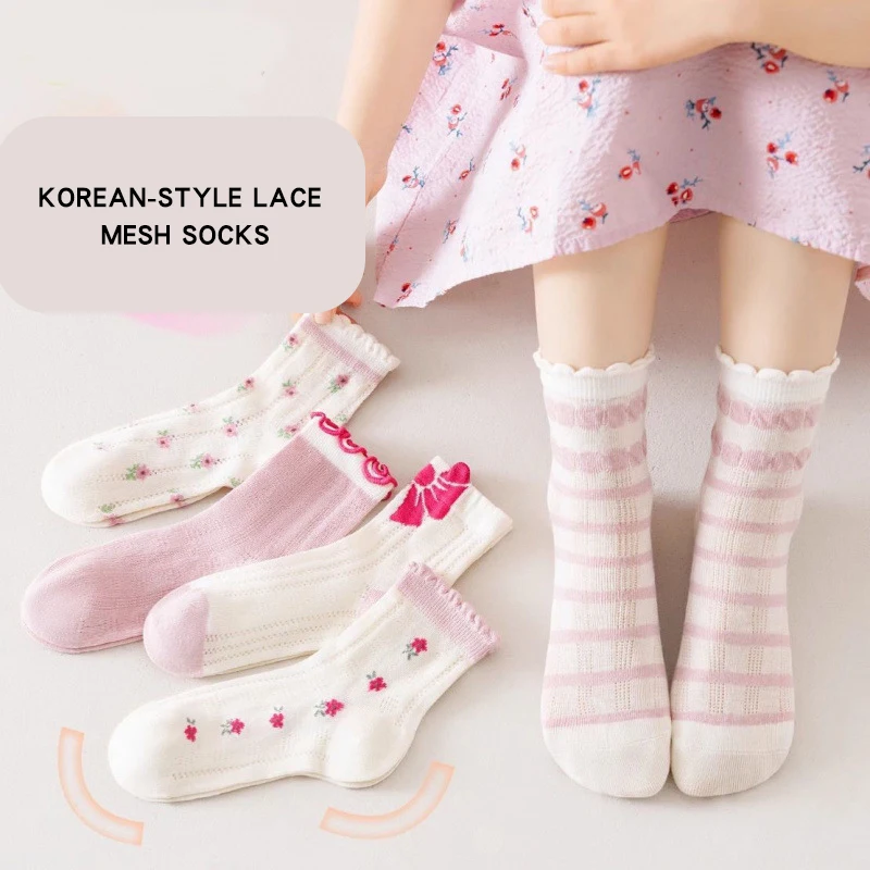 

5 Pairs Mesh Kids Girls Socks Flowers Korean Style Breathable High Resilience Soft Cute Trendy Ankle For Children Girls Socks