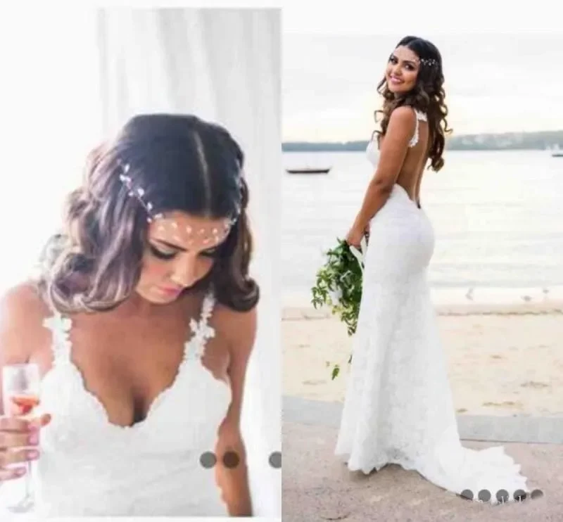 Sexy Lace Wedding Dress Country Style Count Train Deep V Neck Backless Wedding Dresses Handmade Mermaid Bridal Gowns Simple Wear