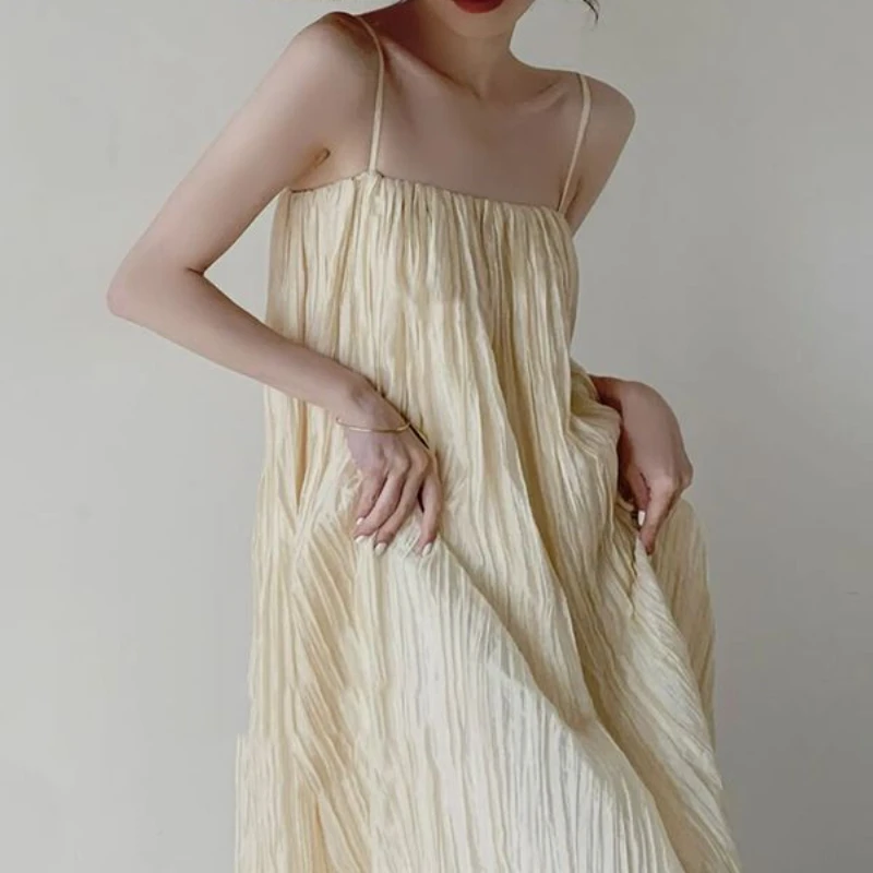 Spaghetti Summer Dress Women Midi Backless Vintage Baggy Elegant H-line Simple Holiday Streetwear French Style Dating 2023 New