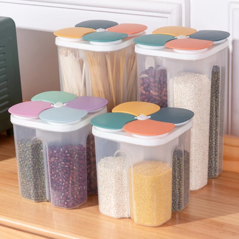 Kitchen Cereals Storage Box Plastic 4 Grids Sealed Jars 1.5L/2.3L Food Container Moisture-proof Grain Tank Keep Fresh Box