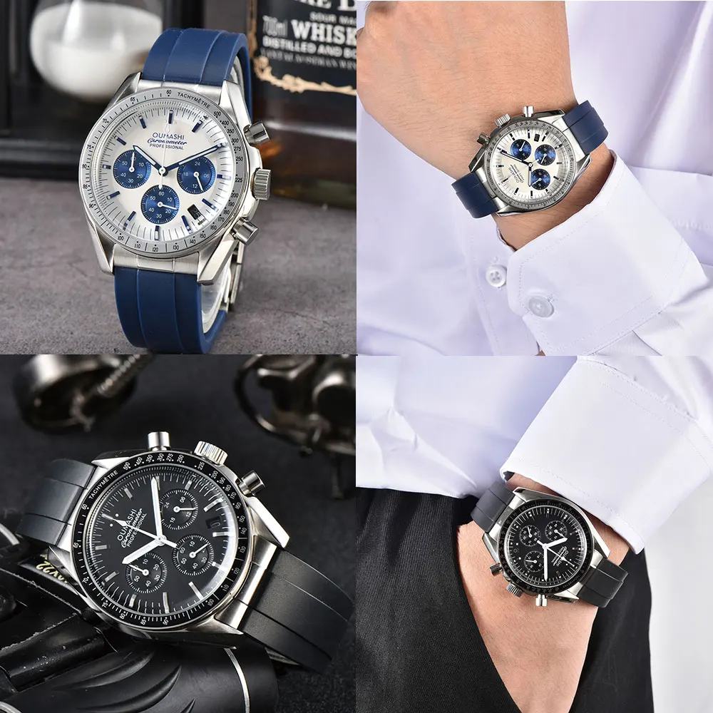 

40mm Chronograph Multifunction Watch Men VK63 Movement Black White Dial Stainless Steel Strap Montre homme