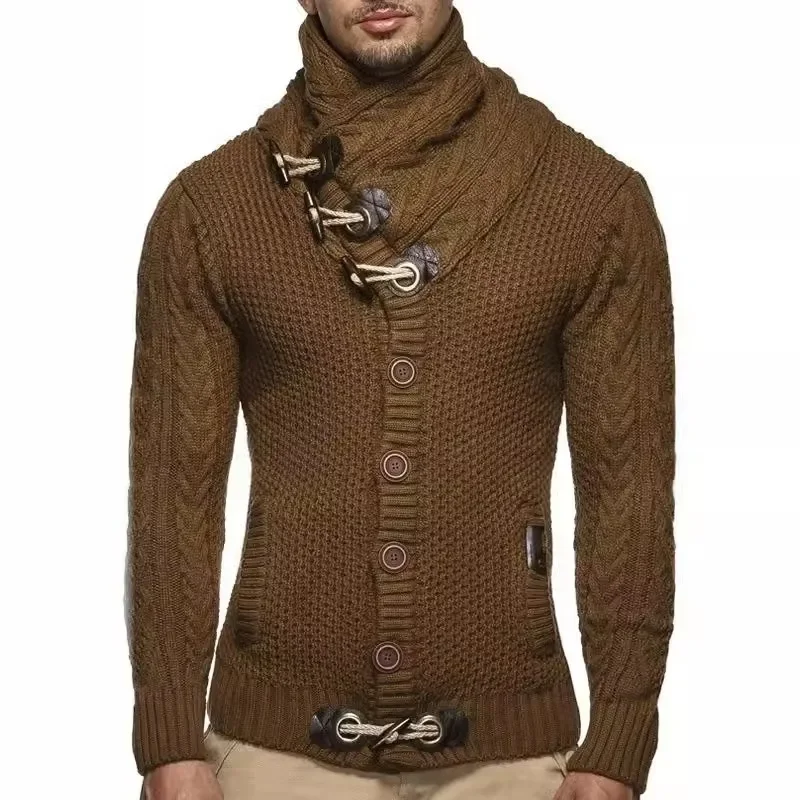 Men's Slim Fit High Neck Single Breasted Cardigan with Long Sleeves and Knitted Sweater for Autumn and Winter