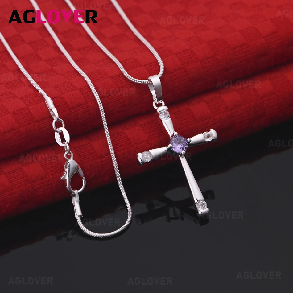 

AGLOVER 925 Sterling Silver Purple Zircon Cross Pendant Necklace Small Fresh Design Engagement Jewelry
