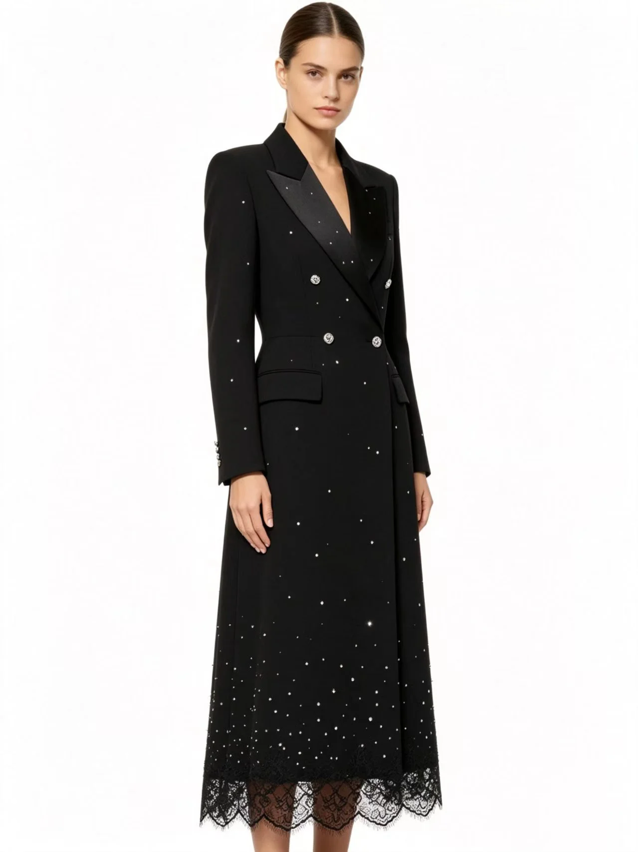 

Crystals Black Elegant Long Women Suit Skirt 1 Pcs Blazer Prom Dress Cotton Formal Office Lady Jacket Wedding Coat Customized
