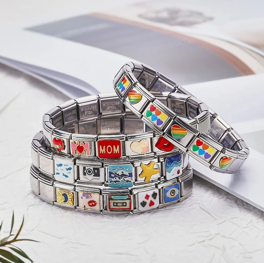 

Fashion Rainbow Love Poker Mom Heart Patterns Italian Charm Module Stainless Steel Bracelets for Woman Men DIY Onhand Jewelry