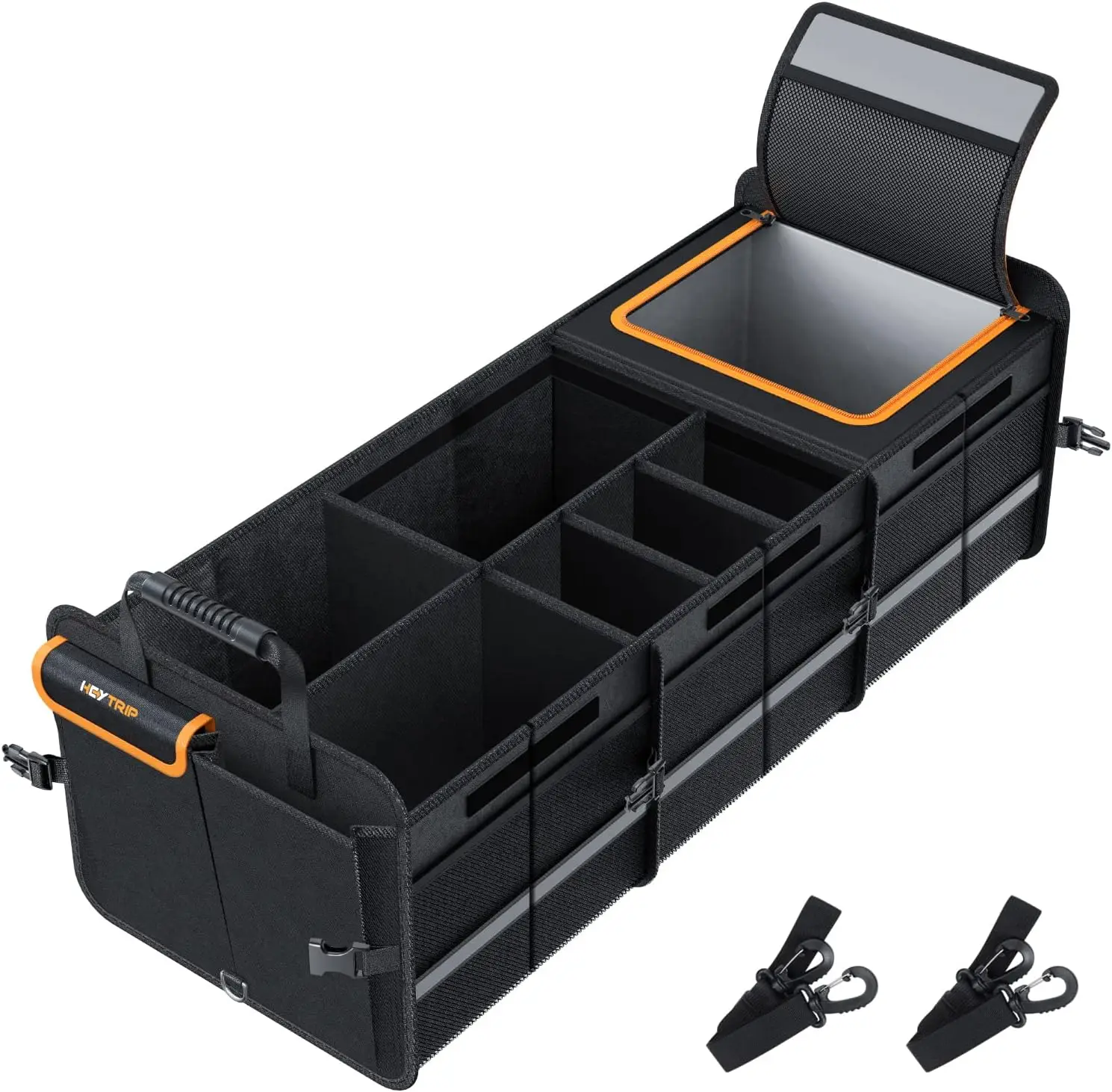 

Large Trunk Organizer with Leakproof Cooler Bag, Adjustable Dividers, and Foldable Design for Cars and SUVs