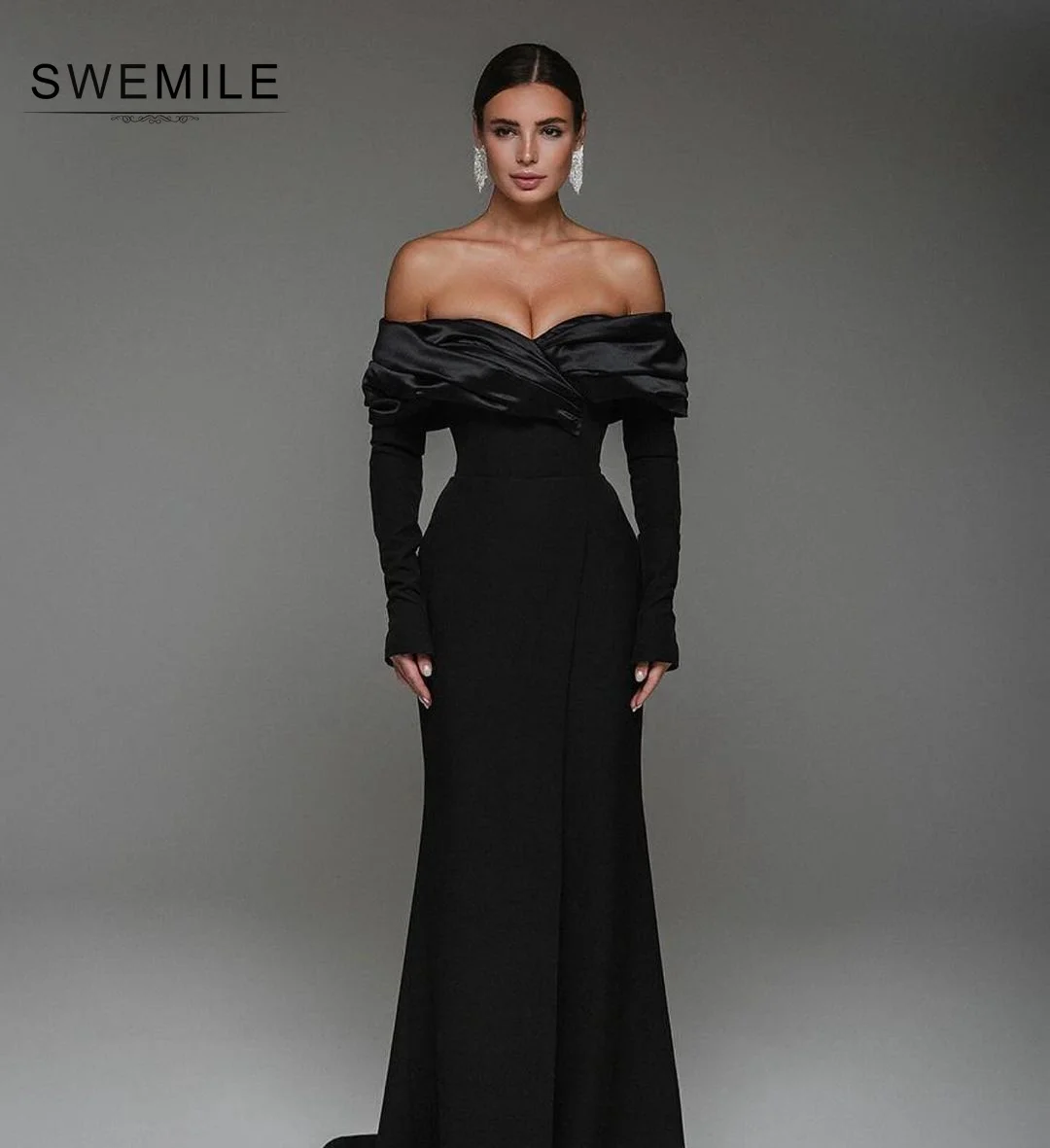 Black Prom Dress Luxury Dubai Luxury Evening Dress Wedding Party Off-The-Shoulder Neckline Floor-Length Prom Dress Formal