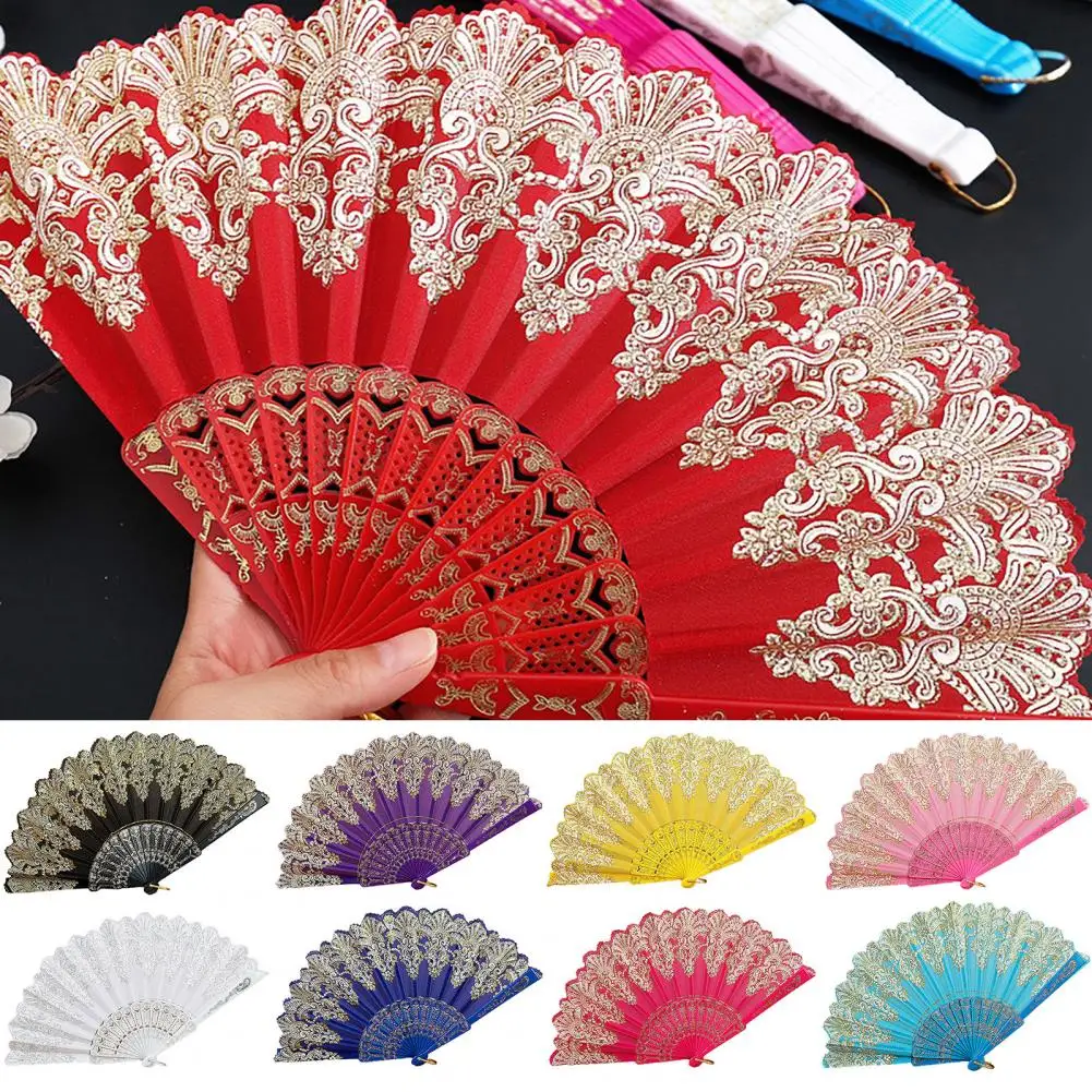 Folding Fan Clear Pattern Comfortable Grip Golden Stamping Chinese Style Fabric Folding Fan Fabric Folding Fan Decoration