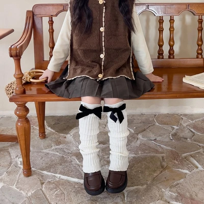

J15U Bowknot Leg Warmers Knee High Socks Knitting Stockings Girls Spring Leggings