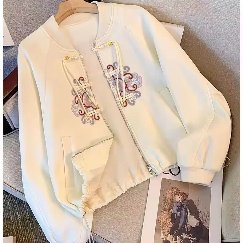 Chinese-style Buttons Baseball Jackets Womens Spring Fall Oversize Casual Loose Versatile  Long Sleeves Sweatshirt Outwear