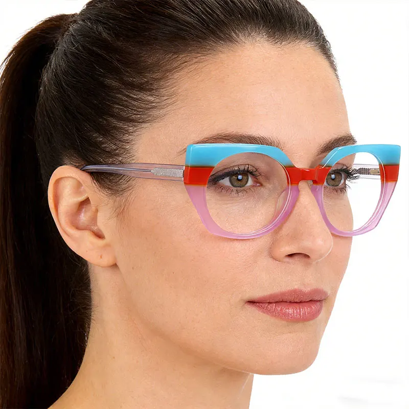 Round Acetate Glasses Frame Women Optical Prescription Eyeglasses Frame Cat Eye Color Stitching Luxury Brand Eyewear 55272 