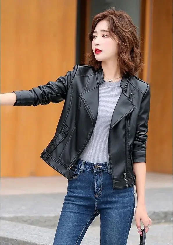 New Women Leather Jacket Spring 2023 Cool Fashion Moto&Biker Style Outerwear Stand Collar Short Leather PU Coat