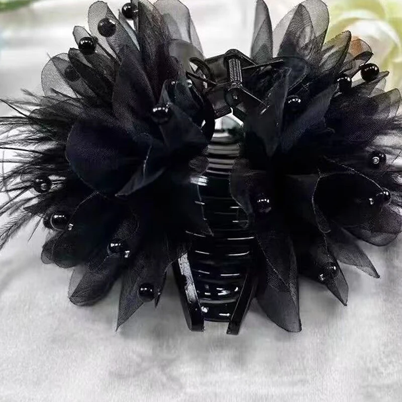 Feather Grip Clip High Value Light Luxury Hair Accessories Organza Pearl Temperament Back Of The Head Plate Hair Shark Clip