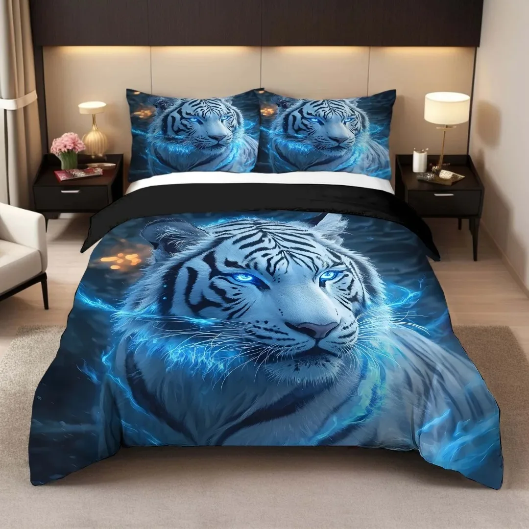 3pcs Fashion Bedding Set Blue Tiger 3D Print Comfortable Breathable Duvet Cover King Queen Twin Single Size Boys Birthday Gift