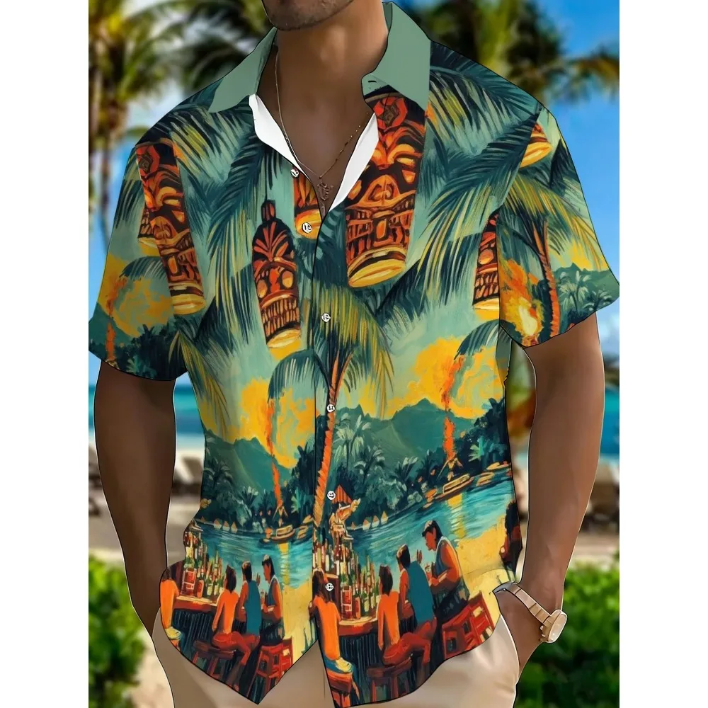 Aloha Tropical Island Volcano Landscape Tiki Statue Seaside Pub Drinking Crowd Oil Painting 3D Printed Men Loose Resort Shirt