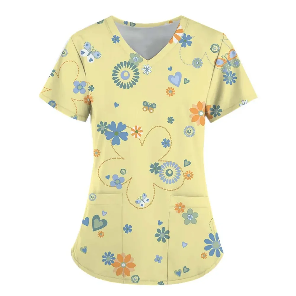 2025 Nurse Suit Women's  Short Sleeve V-Neck Flower Element 3D Printed Clothing T-shirt with Pockets Work Suit Medical Summer