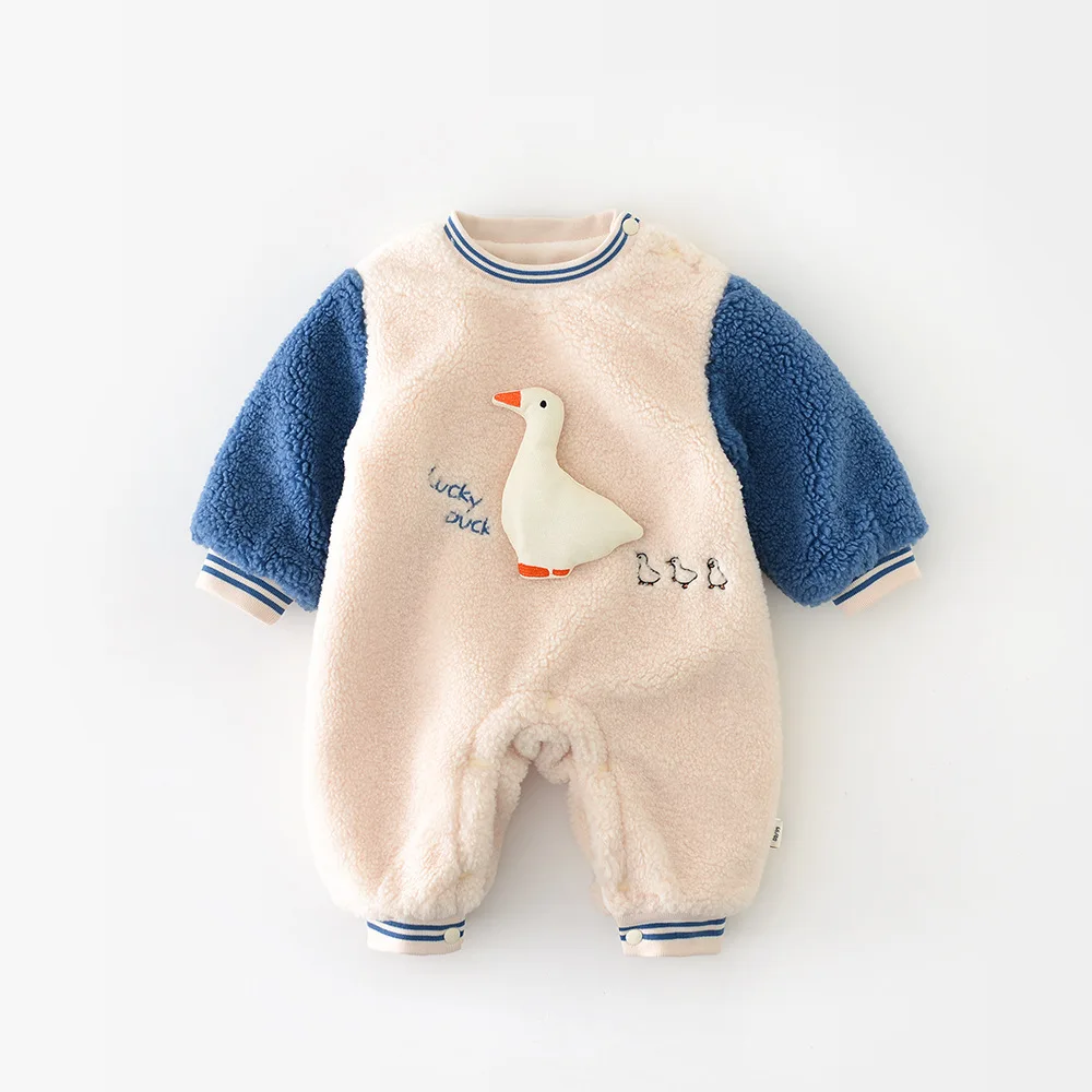 

Комбинезон с милой уткой для маленьких мальчиков, бархатный комбинезон для маленьких девочек, теплая повседневная одежда, новинка зимы 2025 года, детский флисовый комбинезон с длинными рукавами