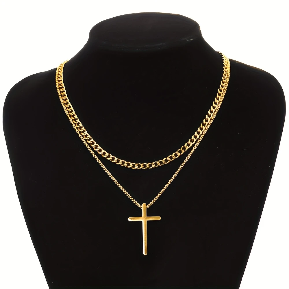 2-Pack Stainless Steel Men's Necklace Pendants - Cuban Chain - Gold Necklace - Cross Necklace - Women's Necklace - Suitable for Daily Wear and Formal Occasions
