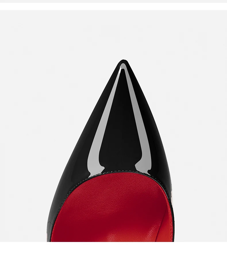 ด้านในสีแดง, ก้นสีแดง, ตะเข็บนิ้วเท้าแบบเปิด, ด้านข้างเปล่า, ปากตื้น, รองเท้าส้นสูงปลายแหลมหนังแก้วสีดำมืออาชีพเซ็กซี่