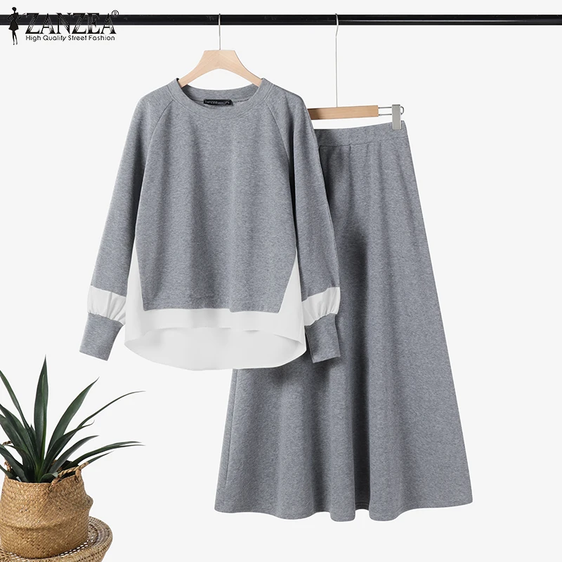 ZANZEA Women Autumn Dress Sets Stylish Casual Loose Long Skirt Tracksuit Colorblock Fashion Fake 2PCS Tops Outfits Matching Suit