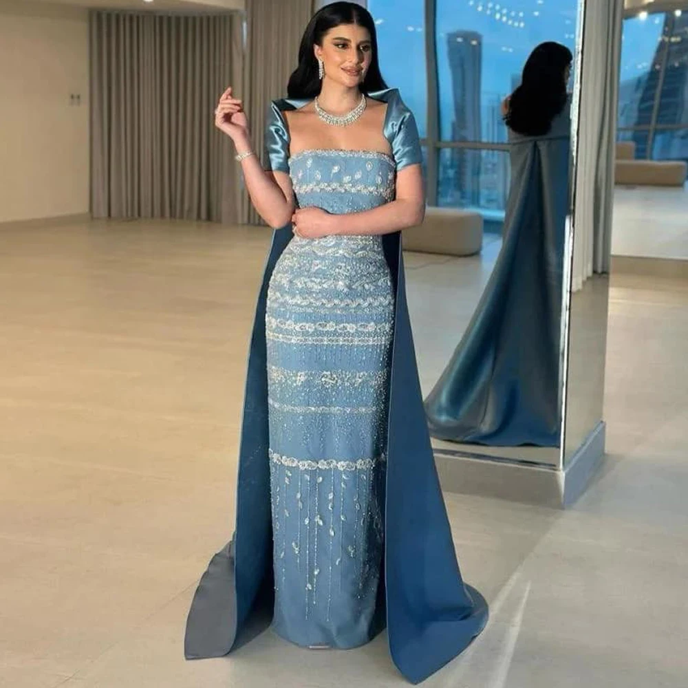 

Elegant Blue Satin Evening Dress Exquisite Strapless Customized Homecoming Dresses Luxury Beading Special Occasion Gowns
