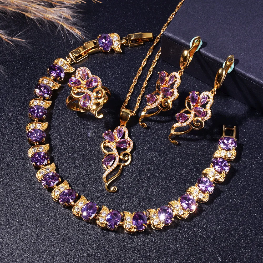 5pcs Purple Cubic Zirconia Jewelry Set, 18K Gold-Plated Jewelry Set  Earrings Bracelet Ring And Necklace Set, Elegant Party Gift