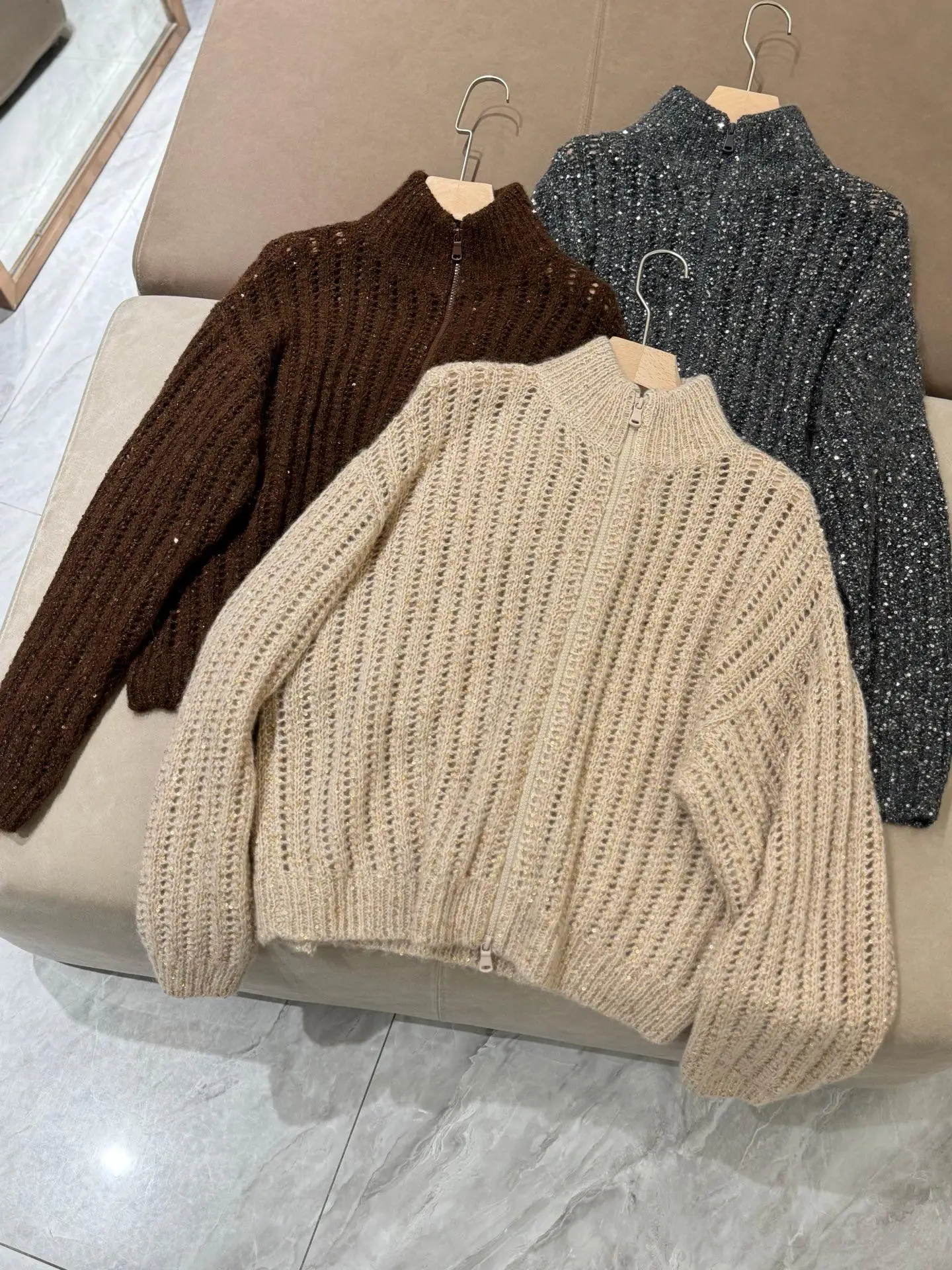 

Autumn women's half stand neckline alpaca wool knitted zippered cardigan