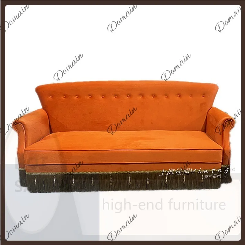 VP Orange Velvet Sofa 3-Seater Olive Green Designer Fringe Accent Chair Retro Furniture