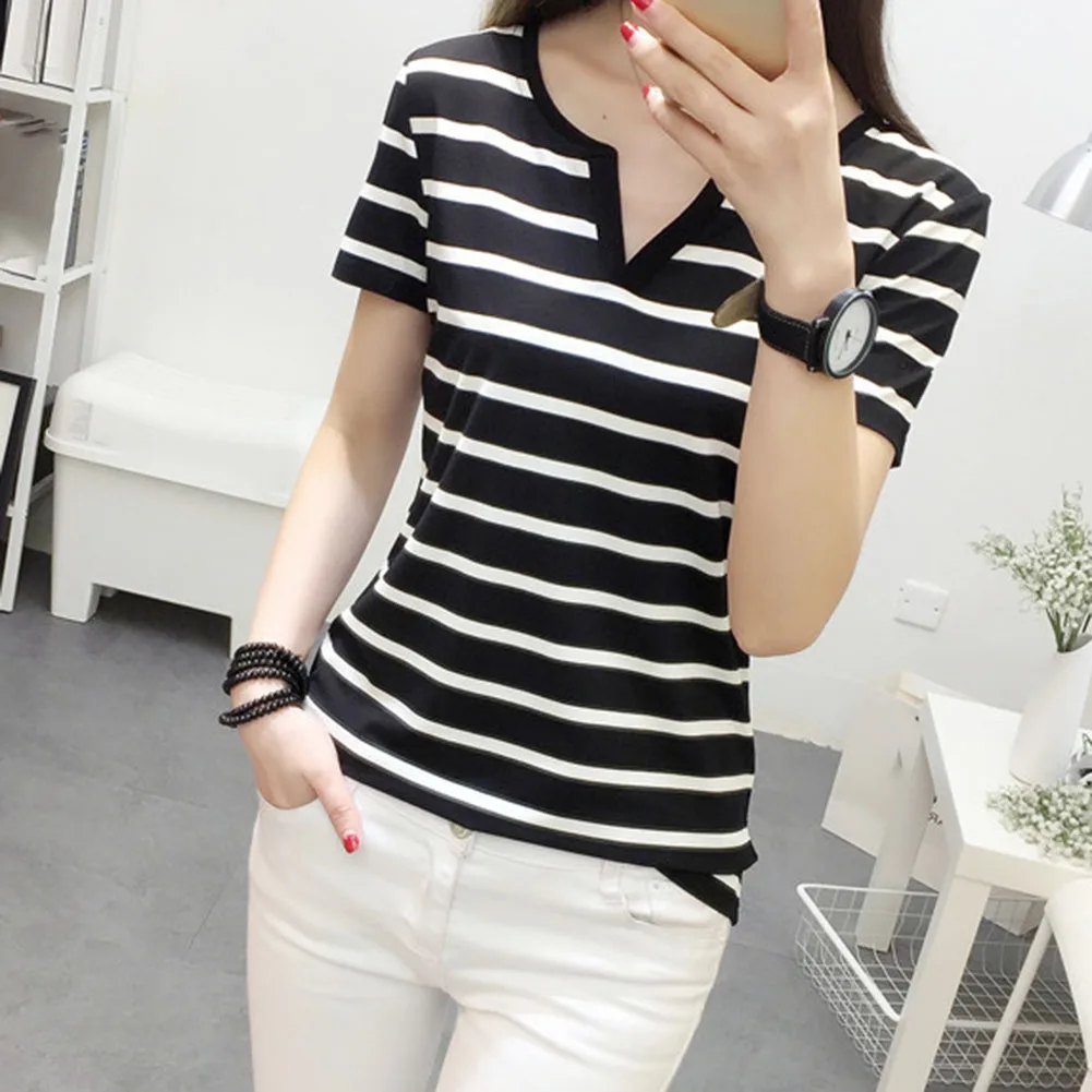 

Идеально подходит для свиданий, эластичный полосатый топ, универсальная женская футболка для различных случаев, свободная футболка, повседневная женская рубашка