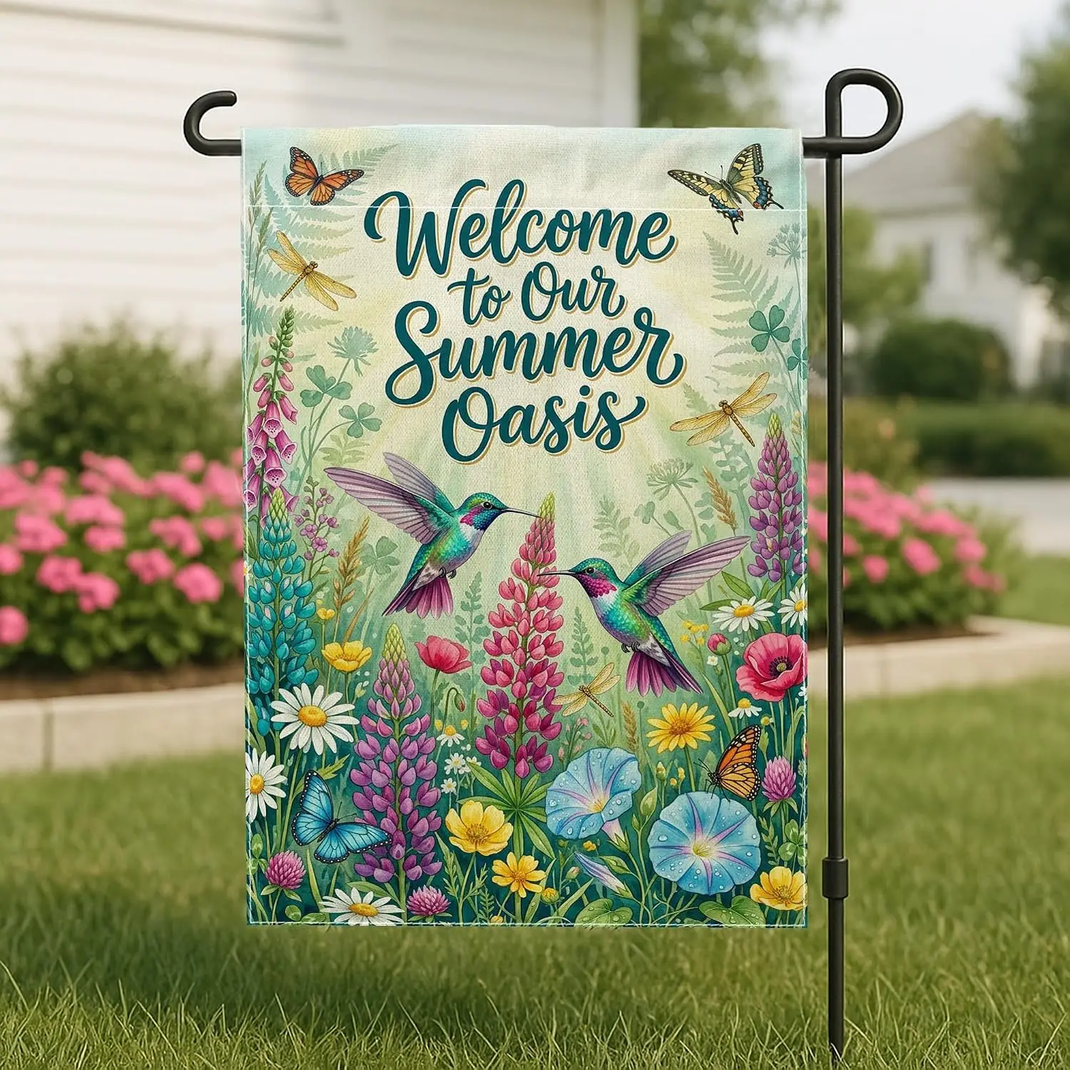 Hummingbird Garden Flag, Summer Garden Flower Butterfly Summer Green Burlap Double Sided Decorative Outside Flags for Outdoo kkz