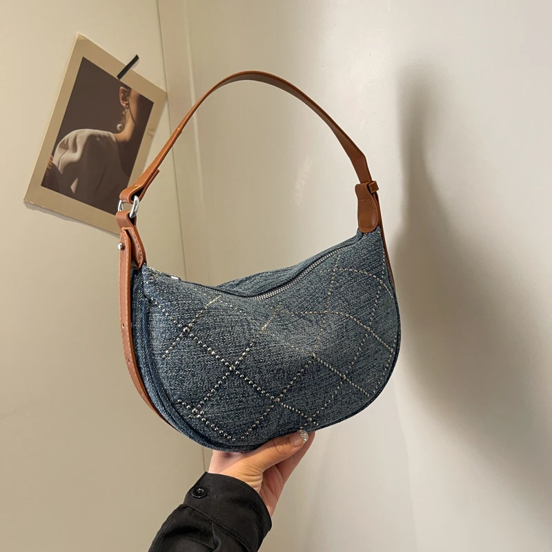 

Классические джинсовые Наплечные сумки с полумесяцем, яркие бриллианты, женские сумки через плечо 2024, модные повседневные новые стильные