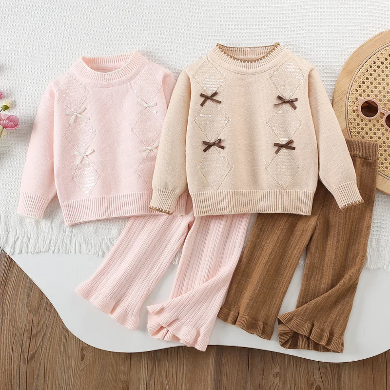 

Girls Sweater Set Autumn Winter New Fashionable Little Girl Knitted Pullover with Small Bow Two-Piece Set Trendy