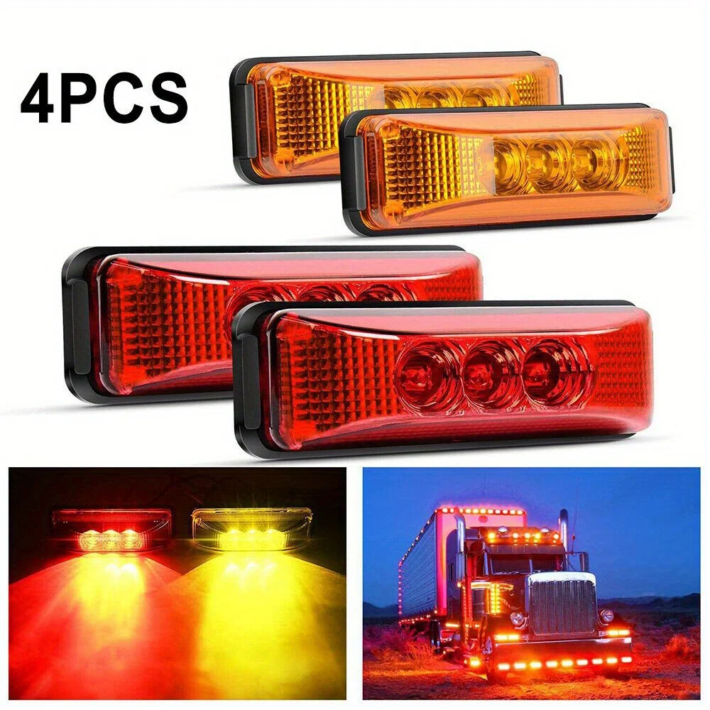 New 4pcs Red Amber 3-LED Side Marker Lights For Truck Trailer RV 12V