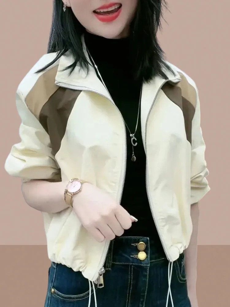 

Женская повседневная тонкая куртка-ветровка без капюшона на молнии, свободного кроя, с цветовыми блоками, весна-осень, новинка, для города