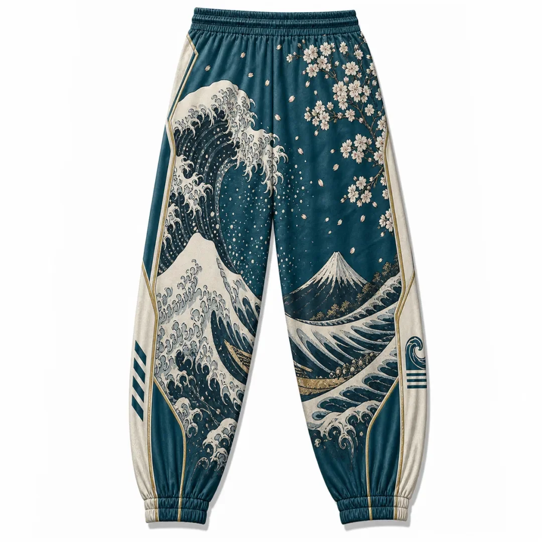 Japanese Ukiyo-e Big Wave Jogging Pants Cherry Blossom Fuji Mountain Print Elastic Waist Sports Street Style Casual Loose Pants