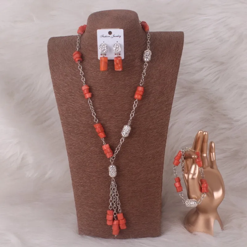 32 Inches Newest Style African Necklaces Jewelry Set Orange Original Coral Beads Jewellery Set