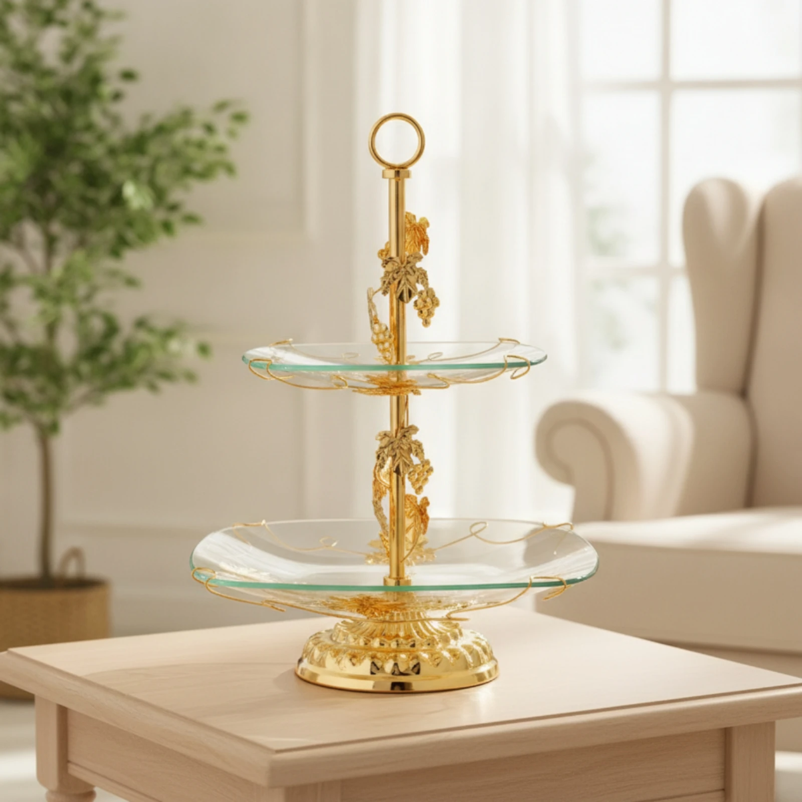 Fruit Stand with Glass Trays Double-Layer 2-Tier Serving Stand Ornate Decorative for Hosts, Party, Wedding