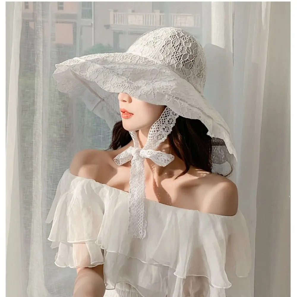 Lace Lace-up Bucket Hat Women Lightweight Windbreak Rope Sunshade Basin Hat Sun Cap Beach Hat