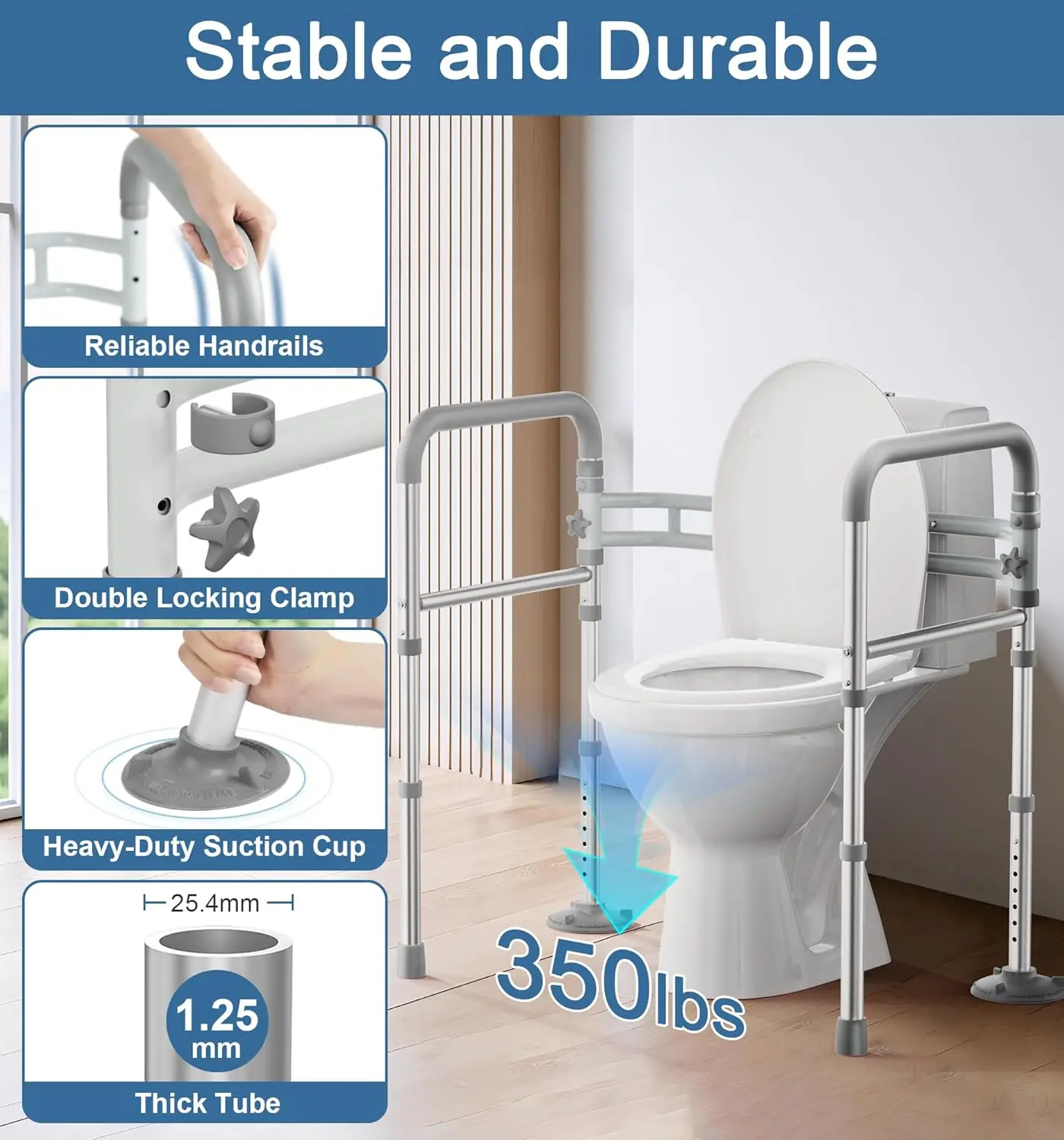 Adjustable Toilet Safety Rails for Seniors & Disabled, Foldable Frame with 350lb Capacity, Fits Any Toilet