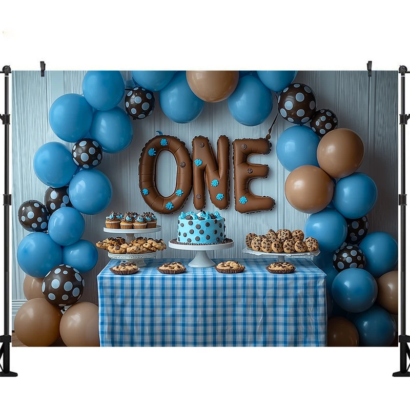 LS Cookies الحليب التصوير خلفية باب خشبي الأزرق الخلفيات الأطفال 1st حفلة عيد ميلاد التصوير الفوتوغرافي استوديو الصور