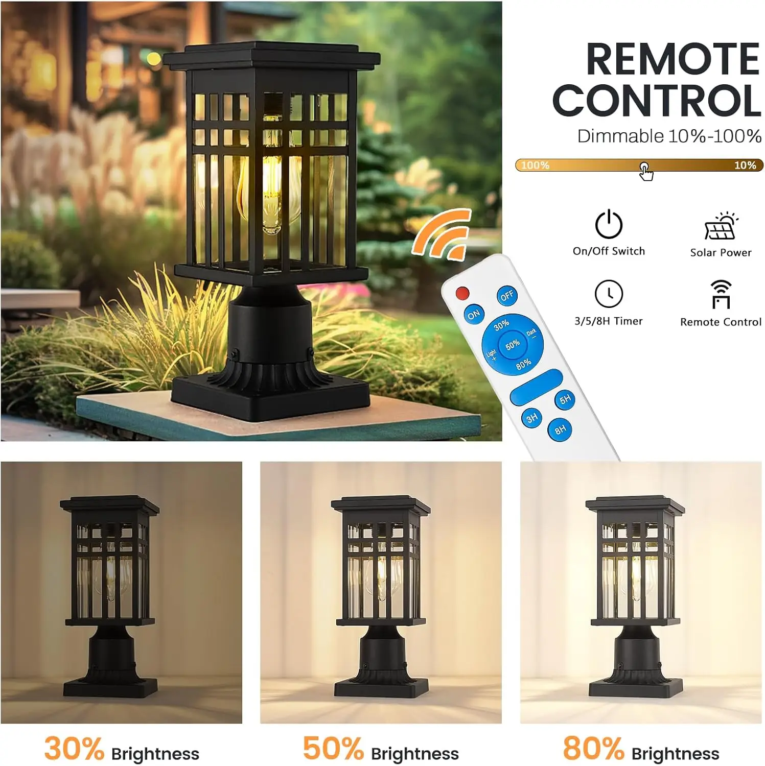 Poste de luz solar de 12 pulgadas, lámpara moderna para exteriores con control remoto, aluminio, acabado negro, vidrio transparente