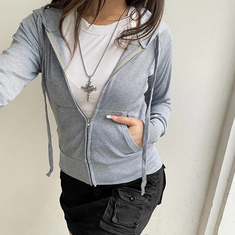 CIBBAR Casual Zip Up Hoodie Cardigan y2k Streetwear Pockets Patchwork Hooded Sweatshirt Women Basic Clothing 2024 Fall Clothing