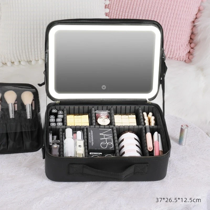 Portable LED Makeup Bag with Mirror&Light Large Capacity Travel Cosmetic Organizer Professional Handheld Cosmetic Storage Box