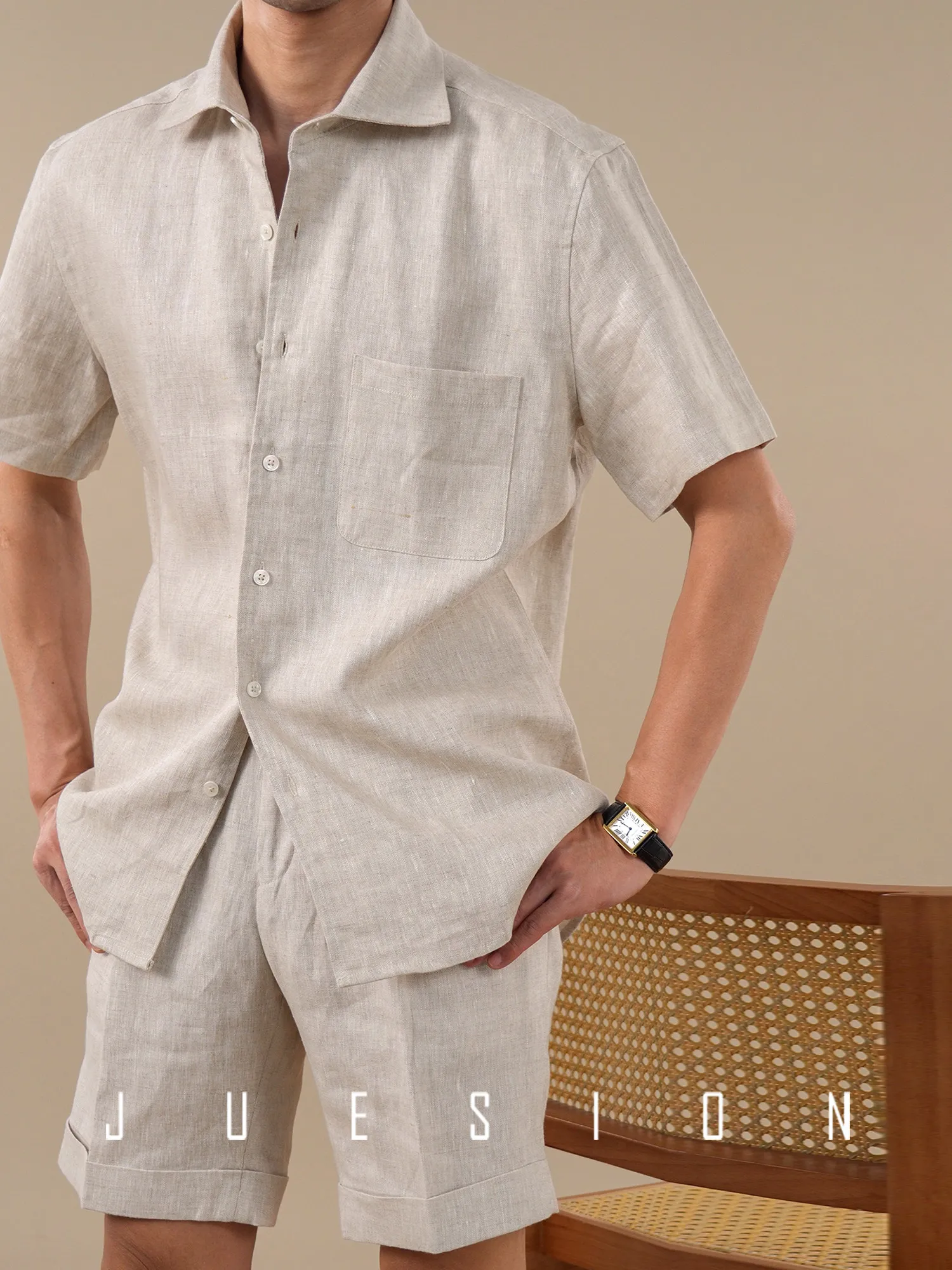 One piece collar linen shirt set men's Naples old money style casual shorts shirt two-piece set